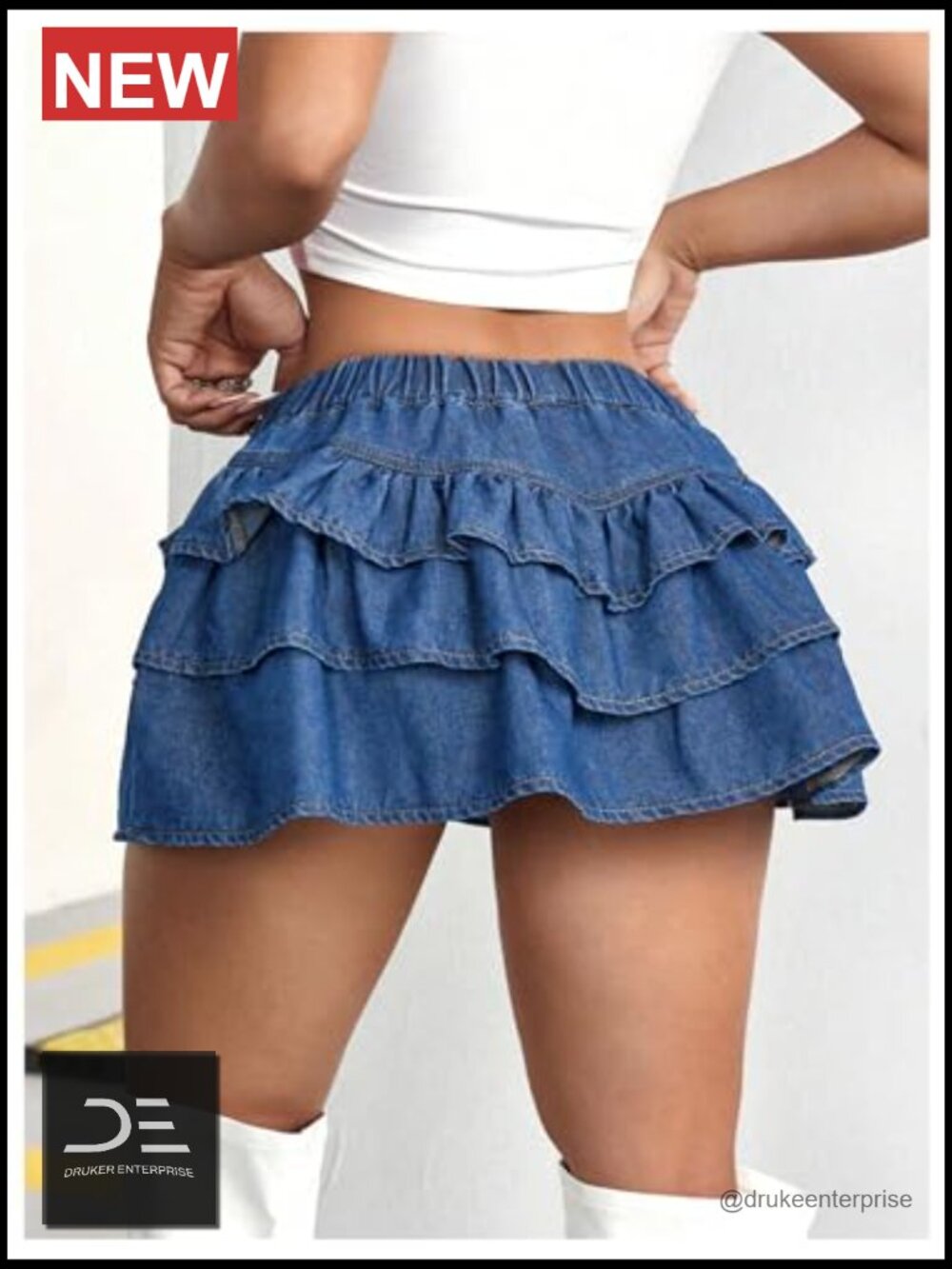 Y2K Solid Ruffle Denim Skirt Low Waist A Line Tiered Mini Skirt - Picture 2 of 6